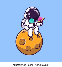 Cute Astronaut Holding Planet Ice Cream On The Planet Cartoon Vector Icon Illustration. Science Technology Icon Concept Isolated Premium Vector. Flat Cartoon Style