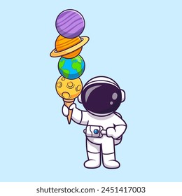 Cute Astronaut Holding Planet Ice Cream Cone Cartoon Vector Icon Illustration. Science Food Icon Concept Isolated Premium Vector. Flat Cartoon Style