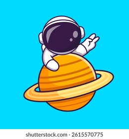 Cute Astronaut Holding Planet With Peace Hand Cartoon Vector Icon Illustration. Science Technology Icon Concept Isolated Premium Vector. Flat Cartoon Style