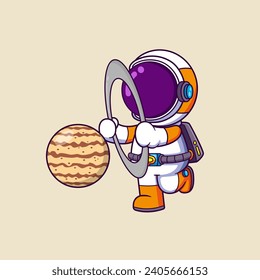 Cute Astronaut Holding ring Planet. Science Technology Icon Concept of illustration