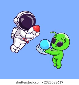 Cute Astronaut Holding Rocket And Alien Holding Ufo In Space Cartoon Vector Icon Illustration. Science Technology Icon Concept Isolated Premium Vector. Flat Cartoon Style