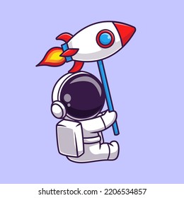 Cute Astronaut Holding Rocket Balloon Cartoon Vector Icon Illustration. Science Technology Icon Concept Isolated Premium Vector. Flat Cartoon Style