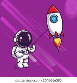 Astronauta bonito segurando um balão de foguete no espaço sideral com um fundo de galáxia roxo vibrante.