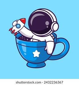 Cute Astronaut Holding Rocket In Coffee Space Cartoon Vector Icon Illustration. Science Drink Icon Concept Isolated Premium Vector. Flat Cartoon Style