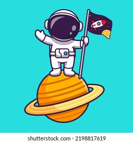 Cute Astronaut Holding Rocket Flag On Planet Cartoon Vector Icon Illustration. Science Technology Icon Concept Isolated Premium Vector. Flat Cartoon Style