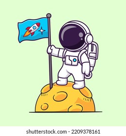 Astronauta lindo sosteniendo la bandera de un cohete en la ilustración del icono del vector de dibujos animados de la luna. Concepto de icono de la tecnología de la ciencia Vector Premium aislado. Estilo de dibujo plano