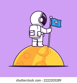 Cute Astronaut Holding Rocket Flag On The Moon Cartoon Vector Icon Illustration. Science Technology Icon Concept Isolated Premium Vector. Flat Cartoon Style