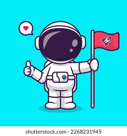 Cute Astronaut Holding Rocket Flag Cartoon Vector Icon Illustration. Science Technology Icon Concept Isolated Premium Vector. Flat Cartoon Style