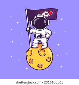 Cute Astronaut, der eine Raketenflagge auf dem Mond hält, in Space Cartoon Vektorsymbol Illustration. Science Technology Icon Concept IsolatedPremium Vector. Flachbildkartonstil