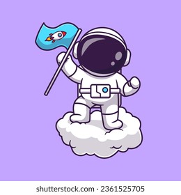 Cute Astronaut Holding Rocket Flag on Cloud Cartoon Vector Icon Illustration. Science Technology Icon Concept Isolated Premium Vector. Flat Cartoon Style