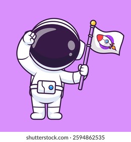 Cute Astronaut Holding Rocket Flag Cartoon Vector Icon Illustration Science Technology Icon Concept Isolated Premium Vector. Flat Cartoon Style