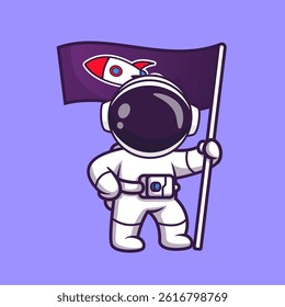 Cute Astronaut Holding Rocket Flag Cartoon Vector Icon Illustration. Science Technology Icon Concept Isolated Premium Vector. Flat Cartoon Style