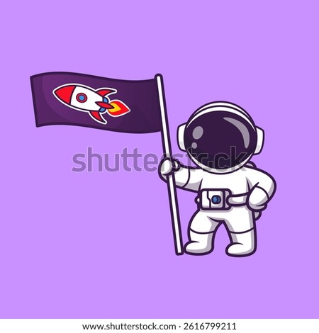 Cute Astronaut Holding Rocket Flag Cartoon Vector Icon Illustration. Science Technology Icon Concept Isolated Premium Vector. Flat Cartoon Style