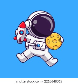 Cute Astronaut, der Rakete und Mond hält, im Weltraum Cartoon Vektorsymbol Illustration. Science Technology Icon Konzept isolierter Premium-Vektorgrafik. Flachbildkartonstil