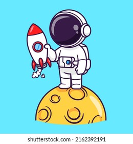 Cute Astronaut Holding Rocket On Moon Cartoon Vector Icon Illustration Science Technology Icon Concept Isolated Premium Vector. Flat Cartoon Style