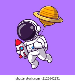 Cute Astronaut Holding Rocket With Planet Balloon Cartoon Vector Icon Illustration. Science Technology Icon Concept Isolated Premium Vector. Flat Cartoon Style