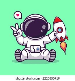 Cute Astronaut Holding Rocket Toy And Peace Hand Cartoon Vector Icon Illustration. Science Technology Icon Concept Isolated Premium Vector. Flat Cartoon Style