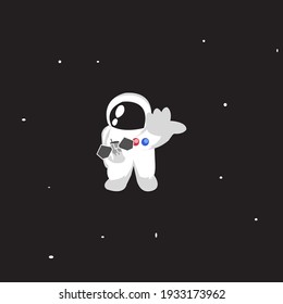 Cute astronaut holding a satellite in space background with stars. for satellite, space, astronaut content. Flat mascot, flat character, flat cartoon 