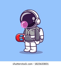 Cute Astronaut Holding Skateboard Cartoon Vector Icon Illustration. Science Sport Icon Concept Isolated Premium Vector. Flat Cartoon Style