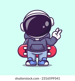 Cute Astronaut Holding Skateboard Cartoon Vector Icon Illustration. Science Sports Icon Concept Isolated Premium Vector. Flat Cartoon Style