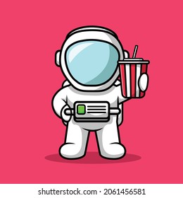 Cute Astronaut Holding Soda Cartoon Vector Icon Illustration. Science Food And Drink Icon Concept Isolated Premium Vector. Flat Cartoon Style