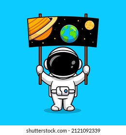 Cute Astronaut Holding Space Board Cartoon Vector Icon Illustration. Science Technology Icon Concept Isolated Premium Vector. Flat Cartoon Style