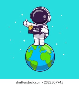 Cute Astronaut Holding Space Board On Earth Cartoon Vector Icon Illustration. Science Technology Icon Concept Isolated Premium Vector. Flat Cartoon Style