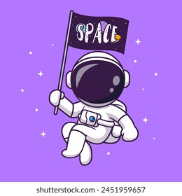 Lindo astronauta sosteniendo la bandera del espacio ilustración del Vector de dibujos animados. Concepto de ícono de Tecnología de Ciencia Vector de Premium aislado. Estilo plano de dibujos animados