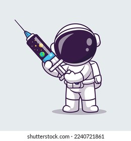 Cute Astronaut Holding Space Injection Cartoon Vector Icon Illustration. Science Medical Icon Concept Isolated Premium Vector. Flat Cartoon Style