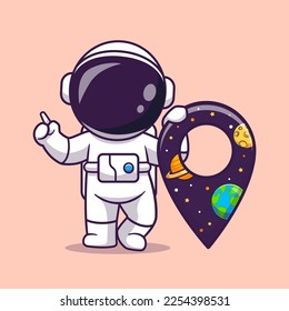 Cute Astronaut Holding Space Location Point Cartoon Vector Icon Illustration. Science Technology Icon Concept Isolated Premium Vector. Flat Cartoon Style