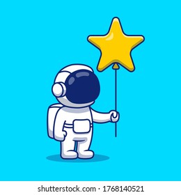 Cute Astronaut Holding Star Balloon Cartoon Vector Icon Illustration. Space Icon Concept Isolated Premium Vector. Flat Cartoon Style 