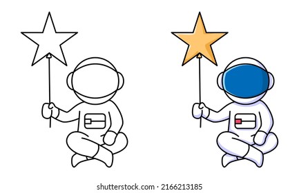 cute astronaut holding star balloon coloring page for kids