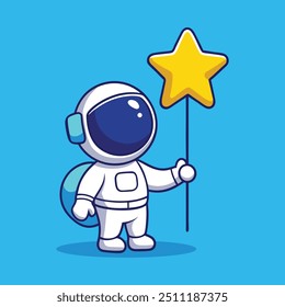 Astronauta bonito segurando Star Balloon ilustração de ícone de vetor de desenhos animados. Estilo de Desenho Animado Plano Isolado de Astronauta