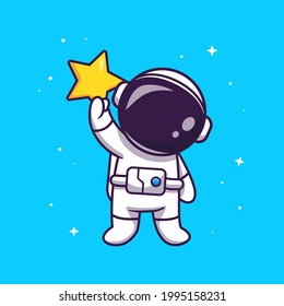 Cute Astronaut Holding Star Cartoon Vector Icon Illustration. Science Technology Icon Concept Isolated Premium Vector. Flat Cartoon Style