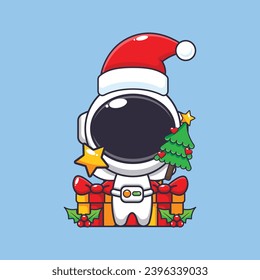 Cute astronaut holding star and christmas tree. Cute christmas cartoon character illustration. 