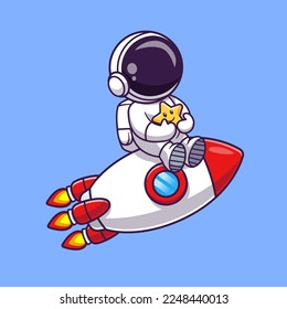 Cute Astronaut Holding Cute Star On Rocket Cartoon Vector Icon Illustration. Science Technology Icon Concept Isolated Premium Vector. Flat Cartoon Style