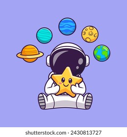 Cute Astronaut Holding Star With Planet Orbit Solar Cartoon Vector Icon Illustration. Science Technology Icon Concept Isolated Premium Vector. Flat Cartoon Style