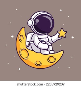 Cute Astronaut Holding Star And Sitting On Moon Cartoon Vector Icon Illustration. Science Technology Icon Concept Isolated Premium Vector. Flat Cartoon Style