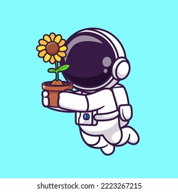 Cute Astronaut Holding Sunflower Plant In Space Cartoon Vector Icon Illustration. Science Nature Icon Concept Isolated Premium Vector. Flat Cartoon Style