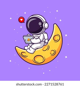 Cute Astronaut Holding Tablet On Moon Cartoon Vector Icon Illustration. Science Technology Icon Concept Isolated Premium Vector. Flat Cartoon Style