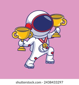 Cute Astronaut Holding Trophies Cartoon Vector Icons Illustration. Flat Cartoon Concept. Suitable for any creative project.