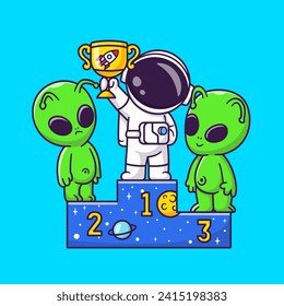 Cute Astronaut Holding Trophy With Alien On Podium
Cartoon Vector Icon Illustration. Science Education Icon
Concept Isolated Premium Vector. Flat Cartoon Style