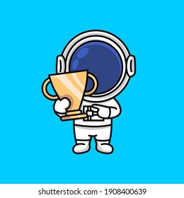 Cute astronaut holding trophy champion cartoon illustration