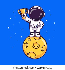 Astronauta Astronauta Aportando Trofeo Sobre La Luna En El Vector De Caricaturas Espaciales Ilustración Icono. Concepto de icono de educación científica Vector Premium aislado. Estilo de dibujo plano
