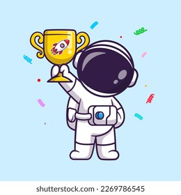 Cute Astronaut Holding Trophy Rocket Cartoon Vector Icon Illustration. Science Education Icon Concept Isolated Premium Vector. Flat Cartoon Style