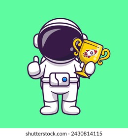 Lindo Astronauta Sosteniendo Trofeo Cohete Dibujo Animado Ilustración Vectorial. Icono de ciencia tecnología concepto aislado Vector Premium. Estilo plano de dibujos animados