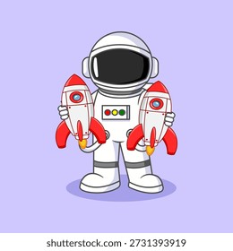 Cute Astronaut Holding Two Rockets Vector Illustration Cartoon Design