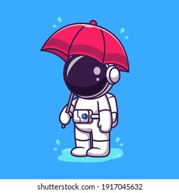 Cute Astronaut Holding Umbrella In the Rain Cartoon Vector Icon Illustration. People Science Icon Concept Isolated Premium Vector. Flat Cartoon Style