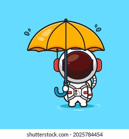 Cute astronaut holding umbrella in the rain cartoon icon illustration. Design isolated flat cartoon style