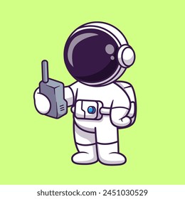 Lindo astronauta sosteniendo Walkie Talkie ilustración de icono de Vector de dibujos animados. Concepto de ícono de Tecnología de Ciencia Vector de Premium aislado. Estilo plano de dibujos animados